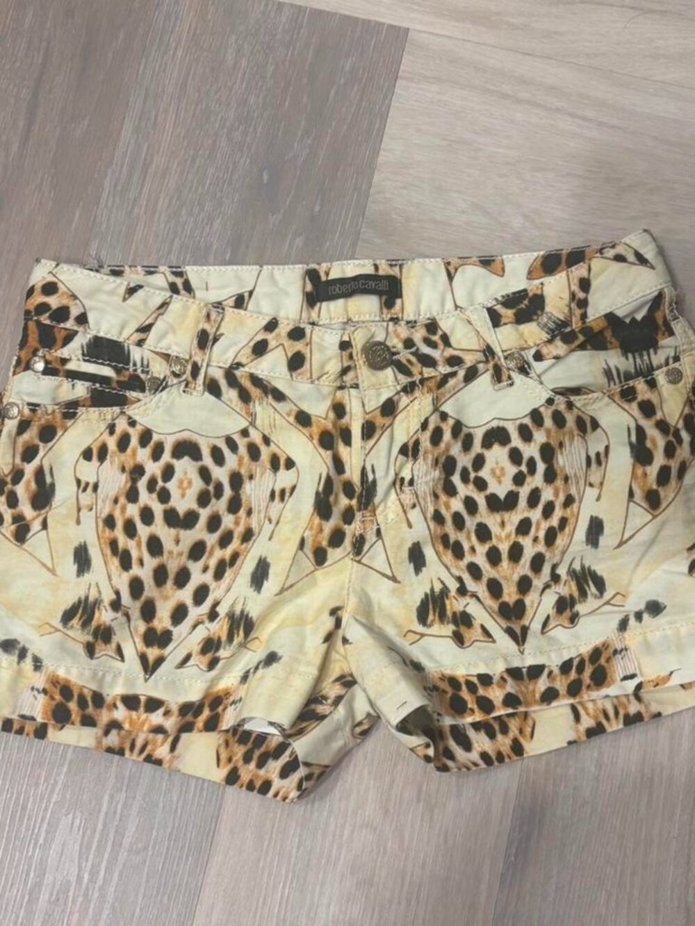 Cavalli Animal Print Low Rise Mini Denim Shorts